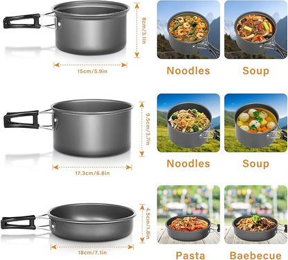 Lixada 10pcs Camping Cookware Mess Kit, Non-Stick Lightweight Stackable Pot Pan Bowls Camping Cooking Set with Storage Bag, Portable Outdoor Cookware Accessories for Backpacking Hiking Picnic