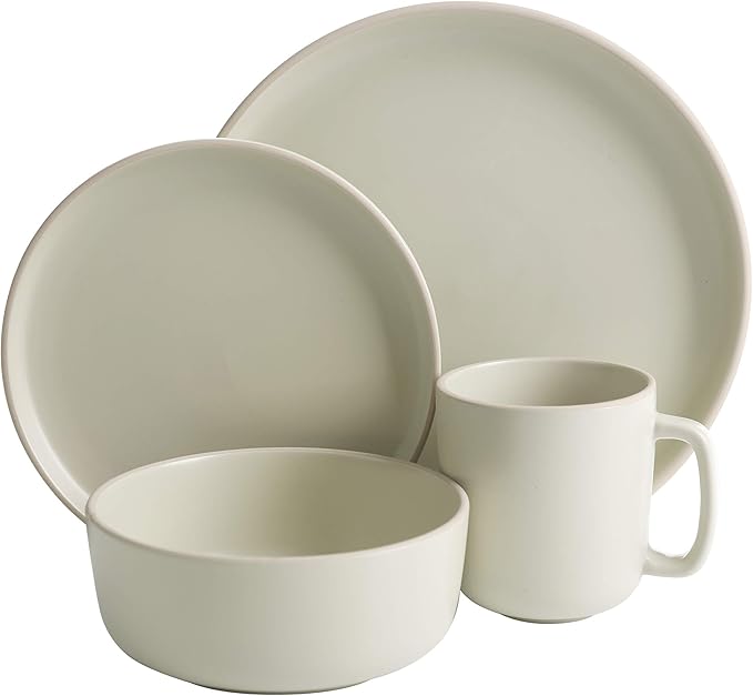 Gibson Home Zuma 16 Piece Round Kitchen Dinnerware Set, Dishes, Plates, Bowls, Mugs, Service for 4, Matte Stoneware, Cream