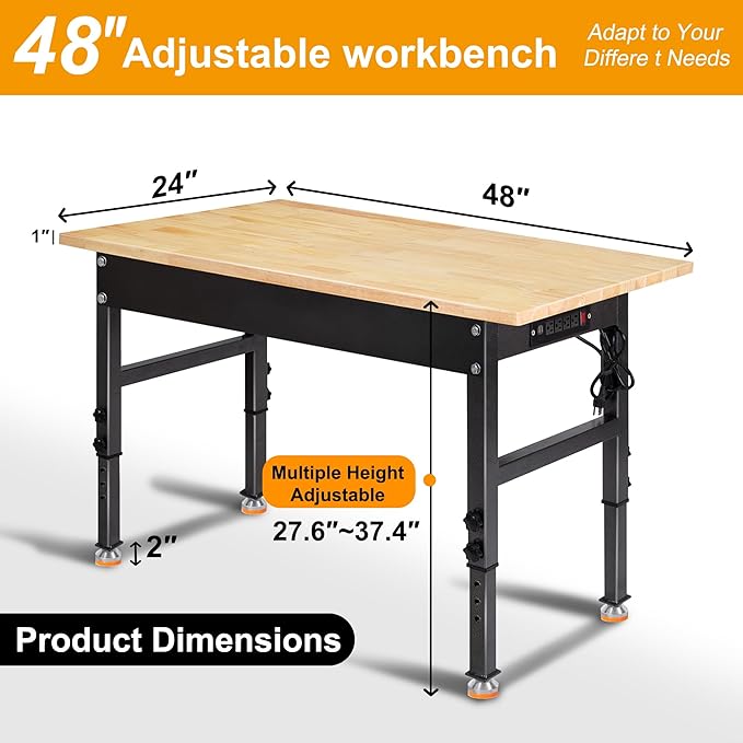 48" Adjustable Work Bench, Rubber Wood Top Workbench Heavy-Duty Work Table with Power Outlet, 2000 LBS Load Capacity Hardwood Work Benches for Garage, Workshop, Home, Office, Easy Assembly