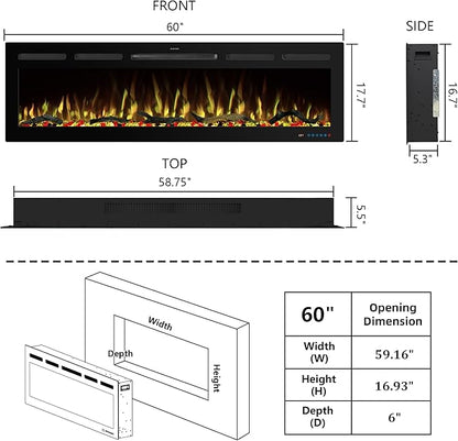 60" WiFi Electric Fireplace Inserts, Recessed and Wall Mounted Fireplace Heater