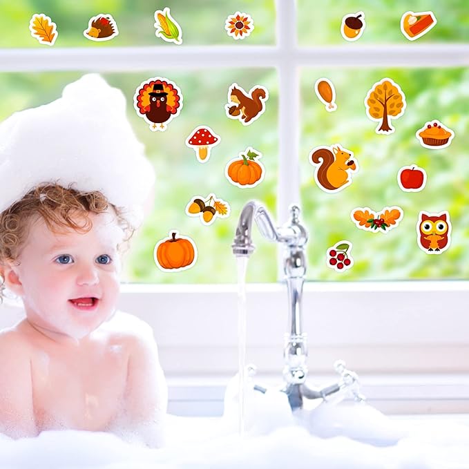 40 PCS Fall Thick Gel Cling Autumn Window Gel Clings Decals Stickers for Kids, Toddlers and Adults Home Airplane Classroom Nursery Thanksgiving Party Supplies Decorations Removable and Reusable