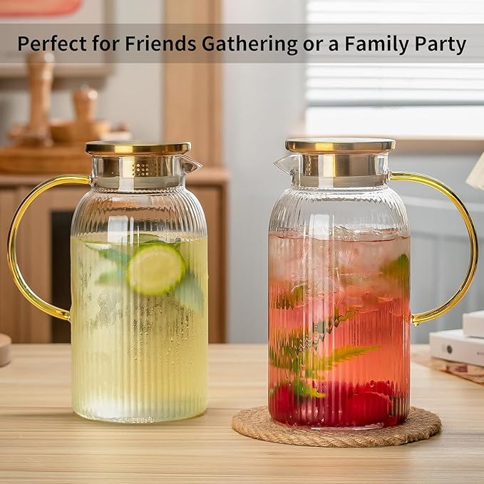 Buaic Glass Pitcher with Lid, 68 oz/2 Liter Classic Vertical Stripes Water