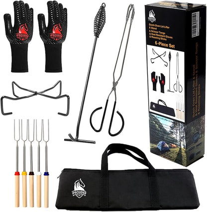 6-in-1 Dutch Oven Camping Accessories Kit - Campfire Cooking Equipment with Marshmallow Roasting Sticks, Heat-Resistant Gloves, 16" Scissors Tongs, Lid Lifter & Lid Stand