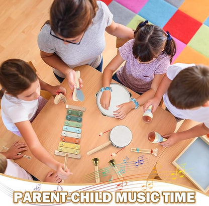 11 in 1 Baby Musical Instruments-Montessori Wooden Toys for Toddlers 1-3, Neutral Colors Percussion Instruments with Modern Boho Xylophone for Kids Preschool Educational 3+ with Storage Bag