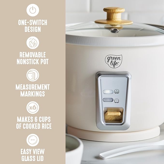 GreenLife Rice Cooker with Removable PFAS-Free Ceramic Nonstick Pot, 3-Cups