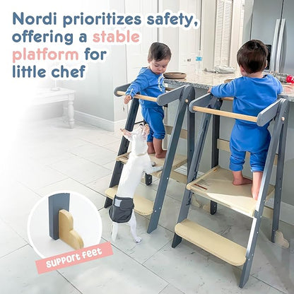 Nordi Foldable Toddler Kitchen Tower, Montessori Kitchen Stools Helper, Standing Tower with 3 Adjustable Heights, Suitable Age for 2-6 Years, Grey