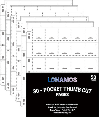 50-Sheets 30-Pocket Thumb-Cut Coin Pages - Coin Pocket Pages for 1.5 x 1.5 Inch Cardboard Coin Holder, Collecting Sleeves for Coin Flips, 1500 Pockets for Coin Binder, Coin Collection Storage Supplies