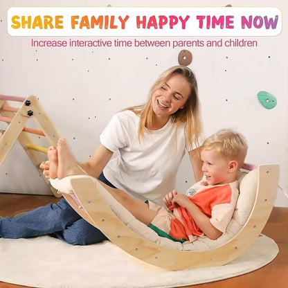 Pikler Triangle Set with Cushion Large, 5 in 1 Toddler Climbing Toys Indoor, Montessori Foldable Climbing Set for Kids, Wooden Playground Jungle Gym with Ramp, Arch and Ladder (Color-B)