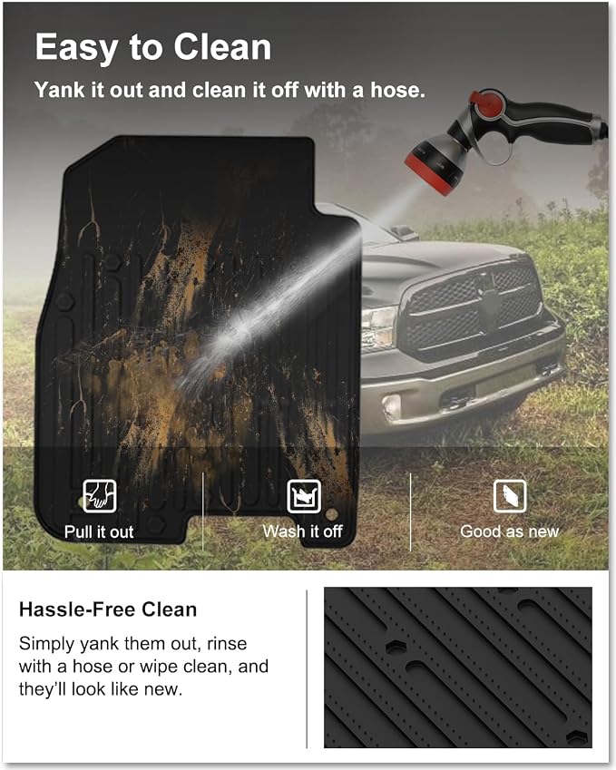 KIWI MASTER Floor Mats for 2009-2018 Dodge Ram 1500/2500/3500 Crew Cab, 2019-2024 Ram 1500 Classic Crew Cab, All Weather Car Mats, Custom Fit TPE Floor Liners, Front & Rear 2 Row, Black