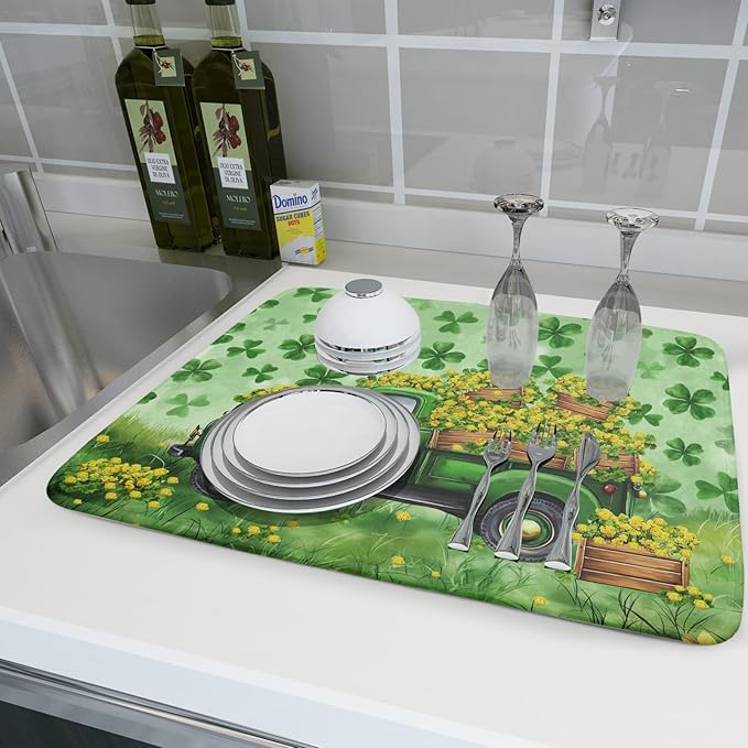 Green Holiday Dish Drying Mat Lucky Clover Truck Drying Mat