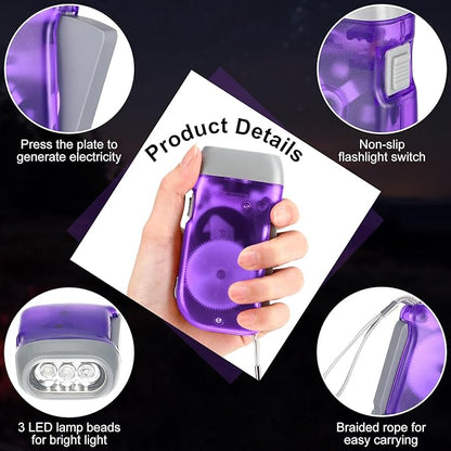 Treela 60 Pack Hand Crank Flashlight Operation Christmas Items Bulk Squeeze Flashlight No Battery Required Torchlight 3 LED Self Powered Charging(Red, Blue, Purple, Orange, Yellow, Green)