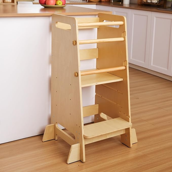 Kitchen Step Stool for Toddlers,Wiifo Adjustable Height Kids Learning Stool, Toddler Standing Tower(Natural)
