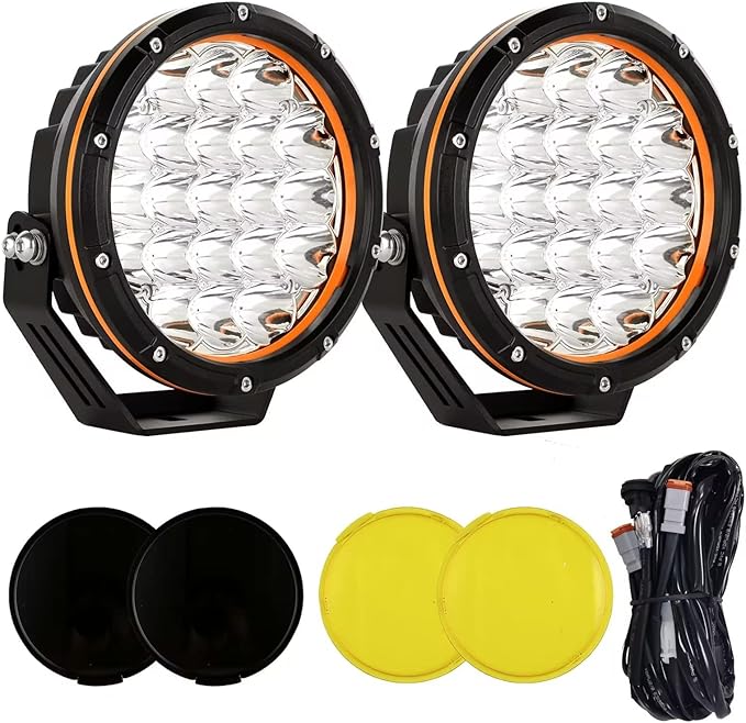 7in 2PCS LED Off Road Lights 210W 32000LM Super Bright Amber Cover 12V 24V with Wiring Harness for Pickup Truck SUV Offroad