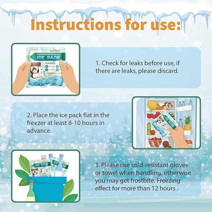 5 Packs Reusable Ice Packs for Lunch Boxes - 12+ Hour Cooling Ice Gel Pack for Camping, Beach, Office - Ice Packs for Cooler Bag, Cooler Backpacks