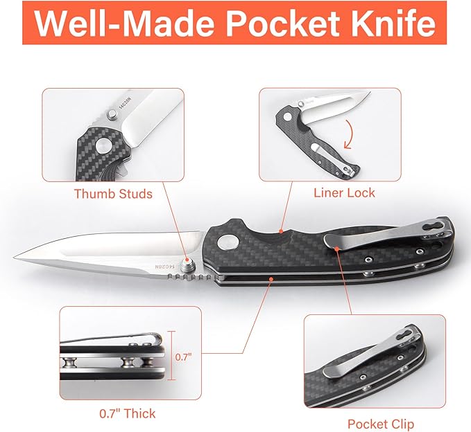 Men's Folding Pocket Knife – 3.4" Sandvik 14C28N Blade Carbon Fiber Handle Ceramic Bearings Liner Lock Deep Pocket Clip – EDC Knife for Outdoor Hiking Survival Use