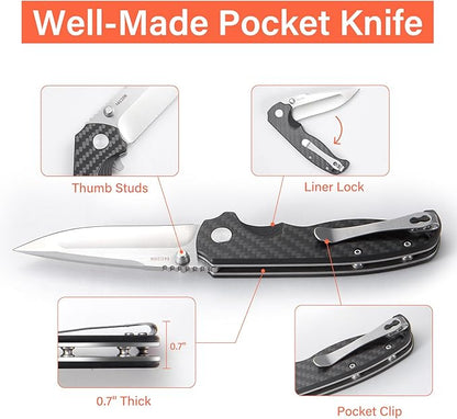 Men's Folding Pocket Knife – 3.4" Sandvik 14C28N Blade Carbon Fiber Handle Ceramic Bearings Liner Lock Deep Pocket Clip – EDC Knife for Outdoor Hiking Survival Use
