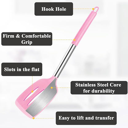 Silicone Spatula Spoon Set, 4 PCS Silicone Cooking Utensils Spatula Spoon Set with Stainless Steel Handle, BPA Free Kitchen Turners for Frying, Mixing, Serving, Draining, Turning, Stirring, Pink
