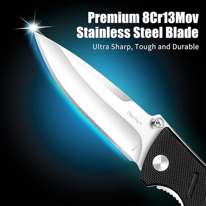 Harita Pocket Knife Folding EDC Knife with Belt Clip, 2.76 inch 8Cr13MoV Straight Edge Blade, G10 Handle, Foldable Knife for Camping Finshing Hunting Survival for Men Women Black