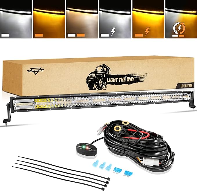 Auxbeam 50 Inch LED Light Bar, 288W Curved Amber White Strobe Lights, 6 Modes Spot Flood Combo Beam Fog Memory Reset Function Driving Light with Wiring Harness Kit for Car Jeep Off Road SUV UTV ATV