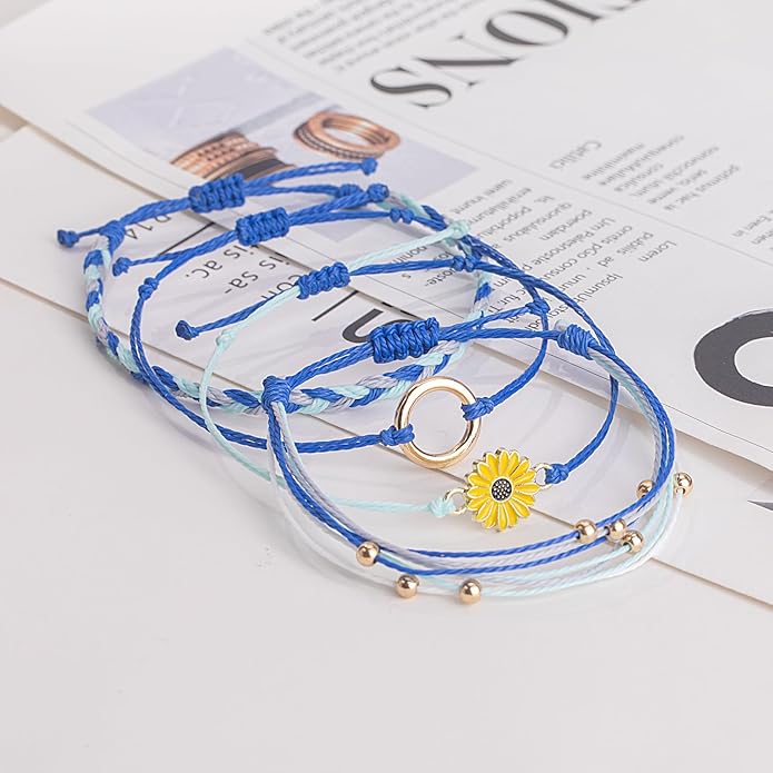FANCY SHINY Sunflower String Bracelet Boho Braided Rope Wrap Bracelets Cute Summer Beach Surfer Jewelry for Women Christmas Gifts