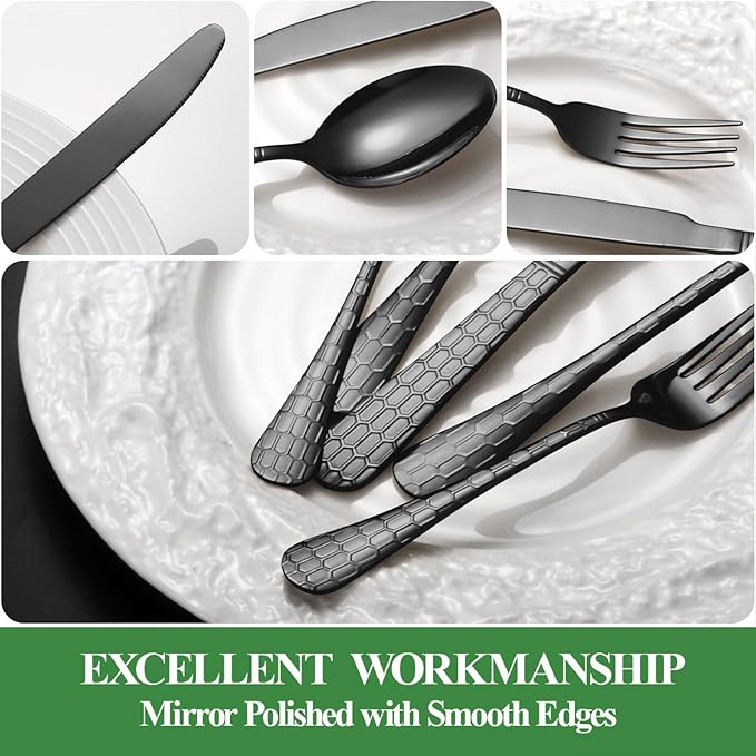 20 Pcs Black Silverware Set for 4 with Water Cube Handle design, Food Grade Stainless Steel Flatware Set, Eating Utensils Sets Include Fork/Knife/Spoon, Reusable Cutlery Set, Dishwasher Safe