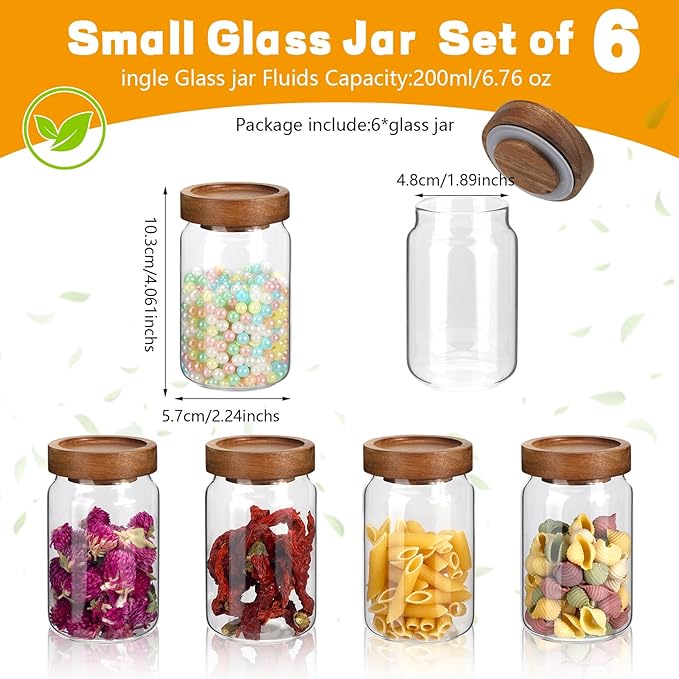 Small Glass Jars with Airtight Lid Spice Jar Round Food Storage Canister Clear Glass Seasoning Containers Jar for Pantry Sugar Tea Coffee Bean Spice Nuts Cookies Bath Salts (6 * 200ml(6.76oz))