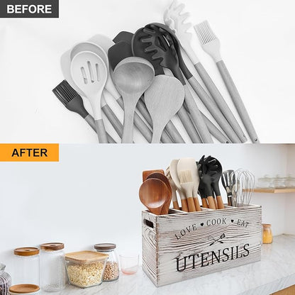 Rustic White Wooden Utensil Holder