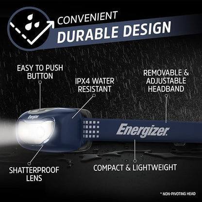Energizer Universal Plus LED Headlamp, Lightweight Bright Headlamp for Outdoors, Camping and Emergency Light for Adults and Kids, Includes Batteries, Pack of 2