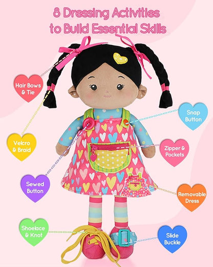 LeyaDoll Soft Bady Educational Soft Baby Doll(16''), Learning Sensory Doll for Toddlers, Montessori Toys for 2-Year-Old Girls Christmas, Birthday Gifts, Plush Doll with Button-Busy Sweetheart Tanned