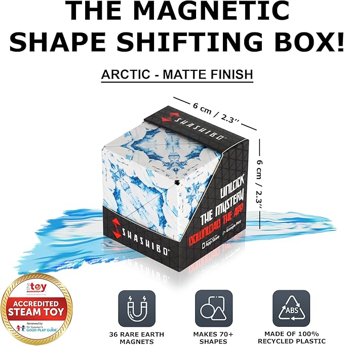 SHASHIBO Shape Shifting Box - Award-Winning Fidget Toy w/ 36 Rare Earth Magnets - Fidget Cube Transforms Into Over 70 Shapes, Sensory Toy Gift for Kids, Teens, and Adults (Wild Series - Arctic)
