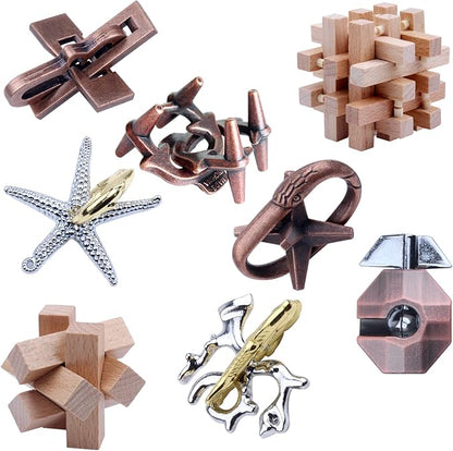 8 Pieces Wooden and Metal Brain Teaser Puzzles 3D Education Toys for Adults and Kids IQ Logic Training Family Game Party Favor Coffee Table Time Unlock Interlock Mind Puzzles Box