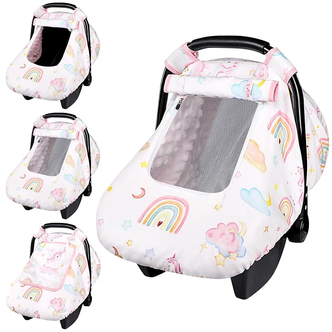 Baby Carseat Cover Girls, Pea Pod Unicorn Infant Car Seat Covers Canopy for Newborn with 2 Layers Windows of Breathable Mesh/Fabric, Lightweight Polyester/Minky Dot Backing, Snug Fit