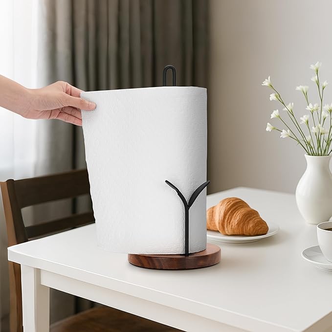 Wood Paper Towel Holder Countertop, Leaf-Shaped Accent Iron Rods