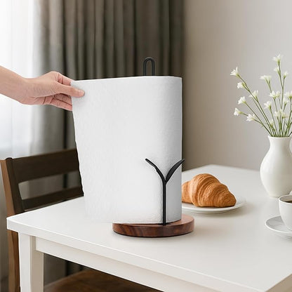 Wood Paper Towel Holder Countertop, Leaf-Shaped Accent Iron Rods