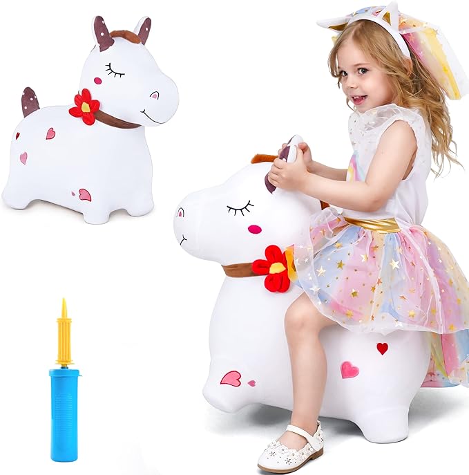 iPlay, iLearn Bouncy Pals White Hopping Horse, Inflatable Bouncing Animal Hopper Toy W/Pump, Plush Ride on Bouncer, Indoor Outdoor Birthday Gifts for 18 24 Month 2 3 4 5 Year Old Toddler Kid Boy Girl