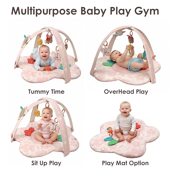 Baby Play Gym & Activity Mat with Light-up Musical Arch, Tummy Time Mat with 6 Detachable Sensory Toys for Motor Skills & Sensory Development, Baby Essentials Shower Gift - Spring Blossoms Themed