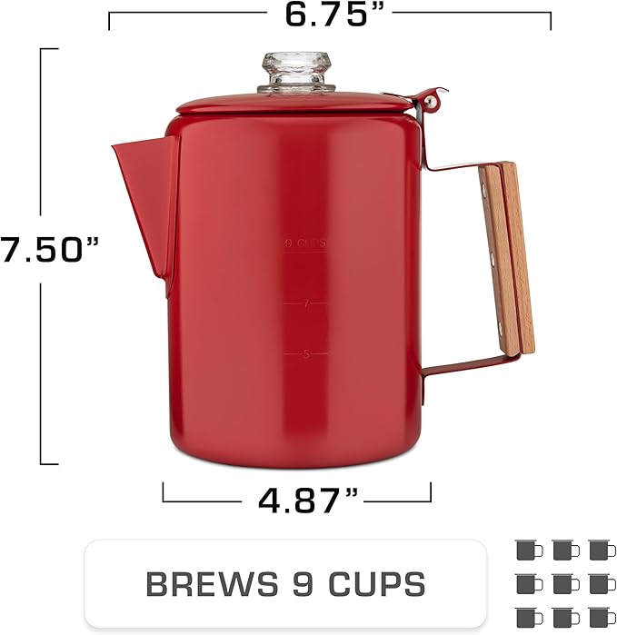COLETTI Bozeman Camping Coffee Pot — Camping Coffee Makers, Coffee Percolator – America's Sleekest Percolator – NO Aluminum or Plastic (Red)