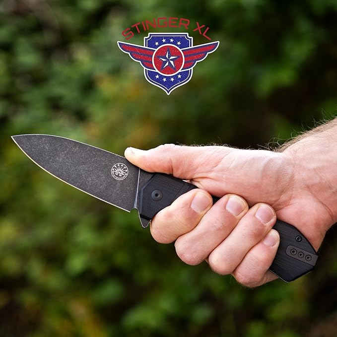 Off-Grid Knives - STINGER XL Folding Knife, 154CM Steel, Full Flat Grind, G10 Scales, Ceramic Bearings, Drop-Shut Action, Deep Pocket Clip, Left or Right Hand Carry, Camping & Tactical Use (Blackout)