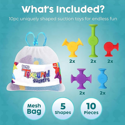 BUNMO Bath Toys Suction - Connect, Build, Create - Toddler Bath Toys - Hours of Fun & Creativity - Fine Motor Skills - Stimulating Sensory Toys - Non-Mouthable Toy 3+ - Textured 10 Pack