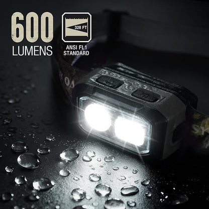 Mossy Oak 600 Lumens LED Headlamp, Dual Power Source, Motion Sensor Head Lamp with Magnetic Base, Stepless Dimming, Memory Mode for Camping, Running, Hiking