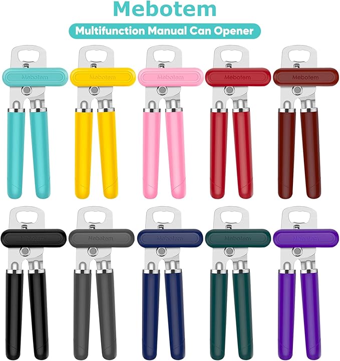 10 Colors, Manual Handheld Heavy Duty Hand can Opener Smooth Edge Stainless Steel, Top Lid Kitchen Gadgets, Best Large Rated Easy Turn Knob, with Bottle Opener, Red