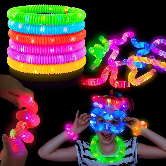 Halloween Glow Sticks Toys Gifts for Toddlers-6 PCS Light Up Pop Tube Party Favors for Kids,LED Bracelet Necklace Accessories,Fun Camping Essentials Games Activities Camp Gear Stuff for Boys Girls
