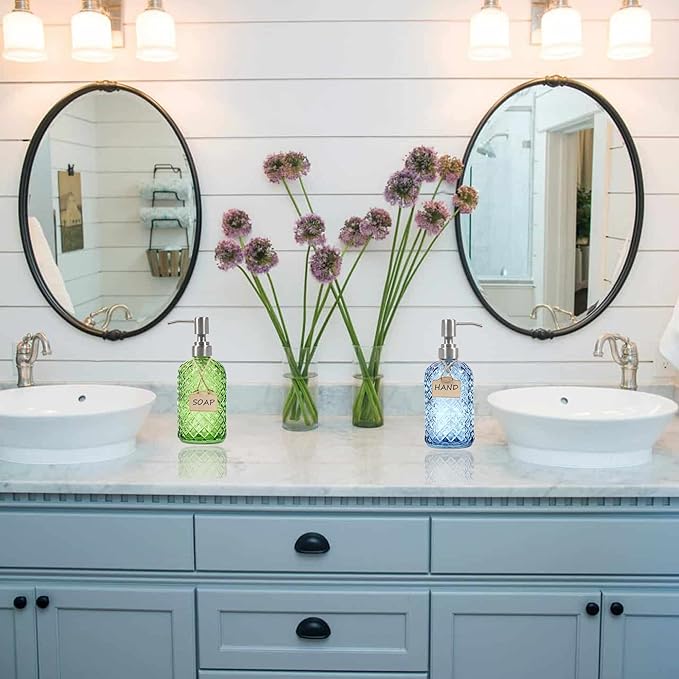 16 oz Diamond Pattern Glass Soap Dispenser, Kitchen and Bathroom Refillable
