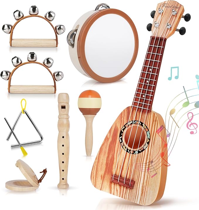 Kids Guitar Set - Musical Toys for 2 3 Year Old Boy Birthday Gifts, Montessori Toys for 2 Year Old Girls, Musical Instruments with Ukulele/Tambourine/Maracas for Toddler 2-4, Band Sets for Kids 3-5