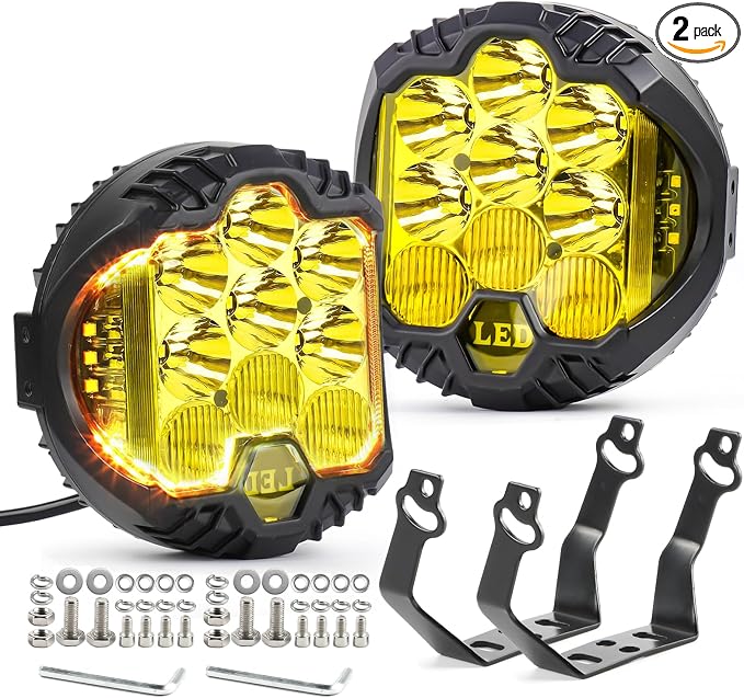 LIGBT 2PCS 5 Inch Amber Yellow Round LED Offroad Light with DRL 90W LED Light Pods 270° Wide Range Super Bright Side Shooter for Pickup Truck ATV UTV SUV