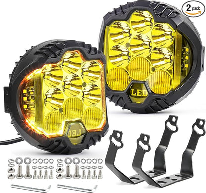 LIGBT 2PCS 5 Inch Amber Yellow Round LED Offroad Light with DRL 90W LED Light Pods 270° Wide Range Super Bright Side Shooter for Pickup Truck ATV UTV SUV