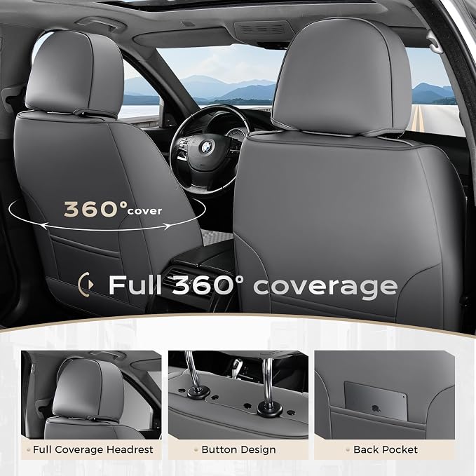 Coverado Car Seat Covers Front Seats and Back, Leather Seat Cover for Cars, Waterproof Seat Covers Full Set Universal Seat Covers Seats Protectors Car Seat Cushion Fit for Most Car - Gray