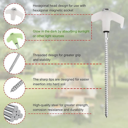 4 Pcs Tent Stakes Heavy Duty, 8 in Ground Anchors Screw in, Grow in The Dark Screw in Tent Stakes, Camping Stakes with Storage Box, Threaded Tent Spikes with Hex Head Driver and Stake Puller