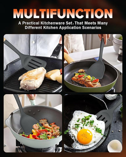 Silicone Wok Spatula Turner Set, Perfect for Scooping, Flipping, Lifting Pancakes and Picking up Veggies, BPA-Free Matte Silicone, Wooden Handles, Safe for Nonstick Cooking Surfaces (Grey)
