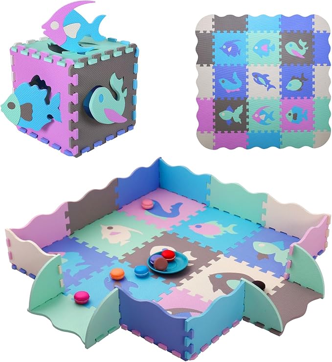 Coolcandy Baby Play Mat, 25Pcs Interlocking Puzzle Floor Mat, with Safety Fence - 0.4" Thick Non-Toxic EVA Foam Play Mat, for Infants & Toddlers 3-36 Months, Soft Puzzle Tiles for Play Areas
